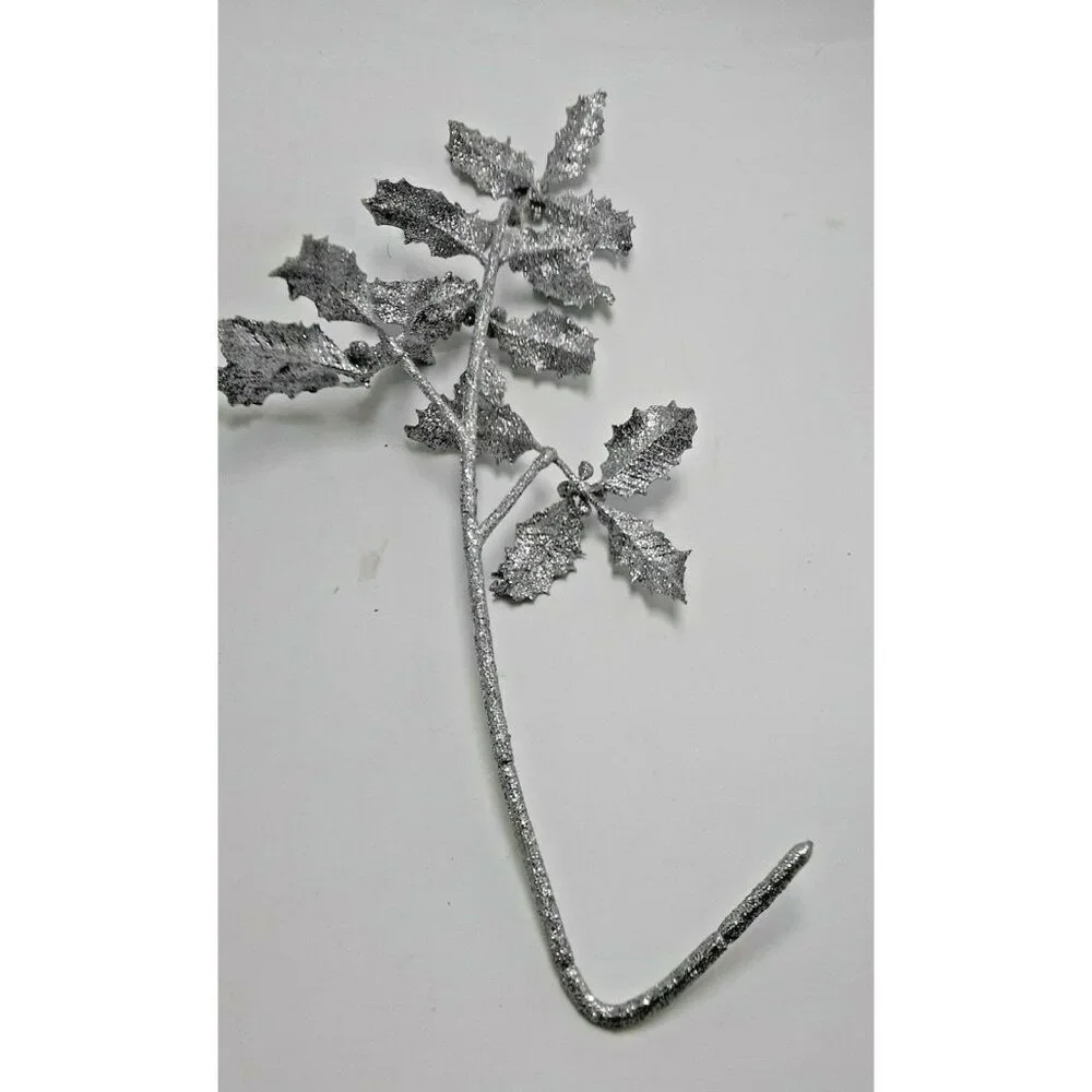 Vintage Holly Floral Branch Silver Glitter Stems Artificial NOS